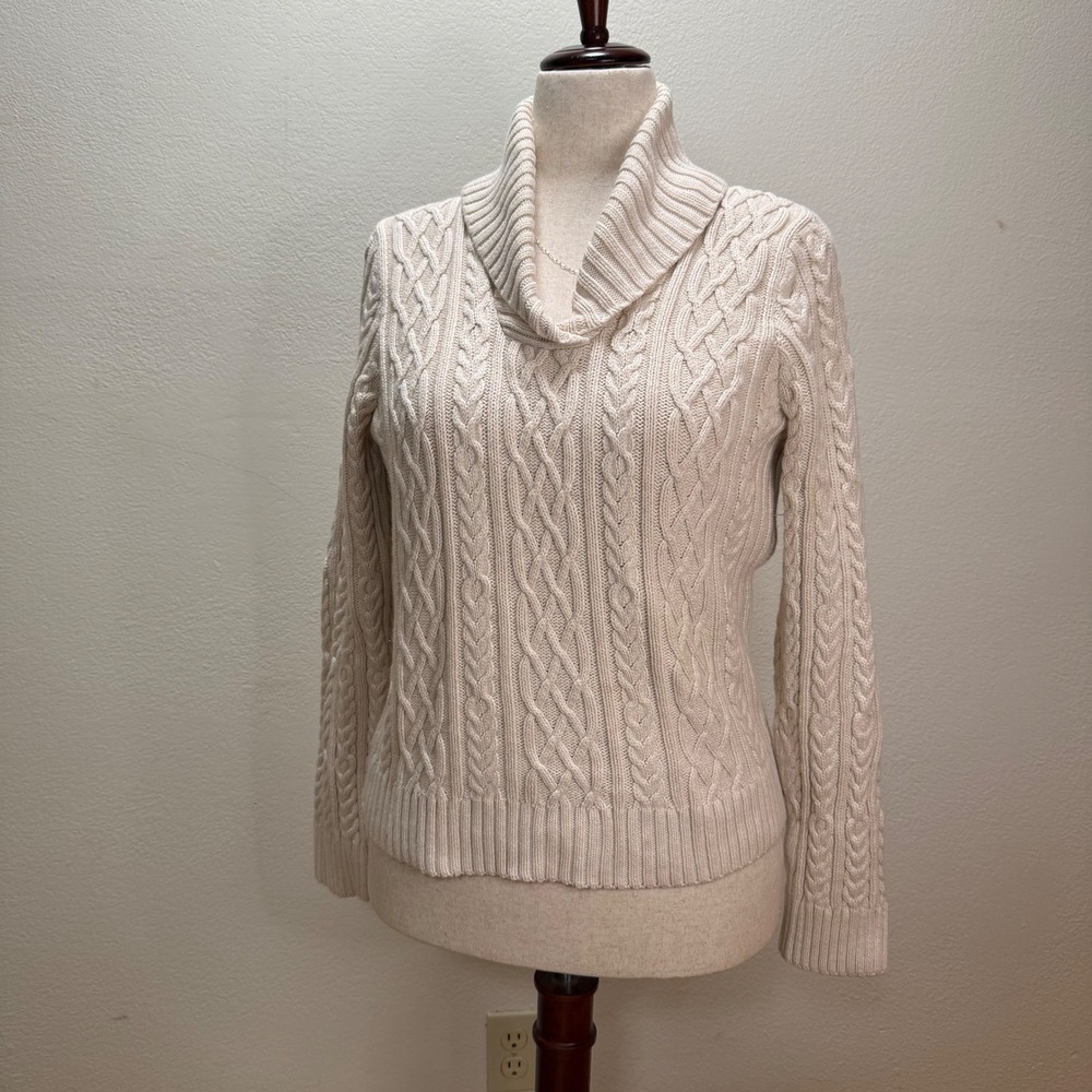 Willi Smith Shall Neck Chunky Cable Knit Cream Coastal Sweater Women Large - Picture 2 of 12
